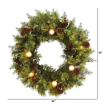 Nearly Natural 24" Christmas Artificial Wreath with 50 White Warm Lights, 7 Globe Bulbs, Berries and Pine Cones. View a larger version of this product image.