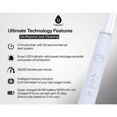 Pursonic Whitening USB Rechargeable Sonic Toothbrush-12 Brush Heads!- 38,000 Brush Strokes Per Minute-3 Brushing Modes with 2 Minute Auto Timer (White). View a larger version of this product image.