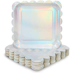 Sparkle and Bash Holographic Silver Foil Square Paper Plates, Scalloped Edge (9 In, 48 Pack)