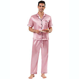 TATT 21 Men's Classic Satin Short Sleeves Button Down Pajama Sets S Pink