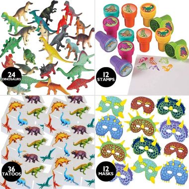 Kovot 84 Piece Kids Dinosaur Toy Kit - Includes Mini Figures, Masks, Stamps, and Sticker Tattoos (Great As Dinosaur Party Supplies & Dinosaur Party Favors). View a larger version of this product image.