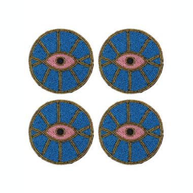 Global Crafts Blue Evil Eye Hand Embroidered Glass Bead Coasters, Set of 4. View a larger version of this product image.