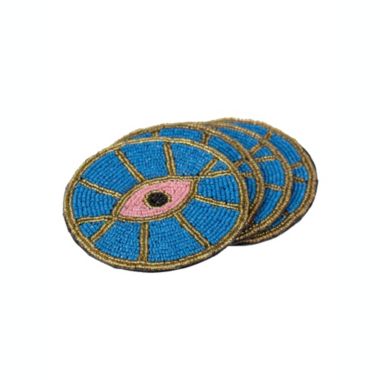 Global Crafts Blue Evil Eye Hand Embroidered Glass Bead Coasters, Set of 4. View a larger version of this product image.