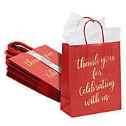 Sparkle and Bash 24 Pack Medium Red Gift Bags with 24 Sheets White Tissue Paper, Thank you for Celebrating, Gold Foil