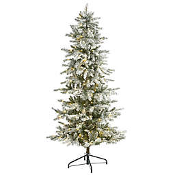 HomPlanti 6.5' Slim Flocked Nova Scotia Spruce Artificial Christmas Tree with 300 Warm White LED Lights and 699 Bendable Branches