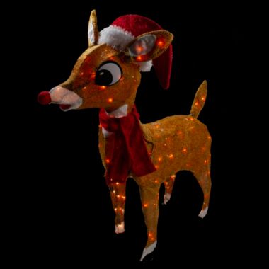 Product Works 29" Brown and Red Pre-Lit Soft Reindeer Christmas Outdoor Decor - Clear Lights. View a larger version of this product image.
