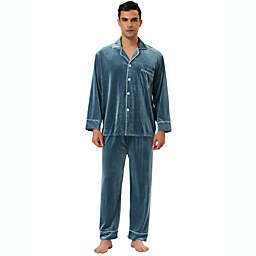 Lars Amadeus Men's Sleepwear Long Sleeves Button-Down Velvet Pajama Set Blue L