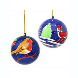 Global Crafts Set of 2 Hand Painted Fox and Bird Ornaments
