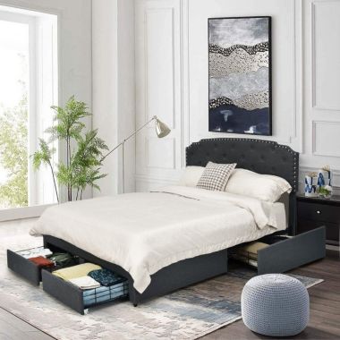 Slickblue Full Size Grey Linen Adjustable Headboard 4 Drawer Storage Platform Bed. View a larger version of this product image.