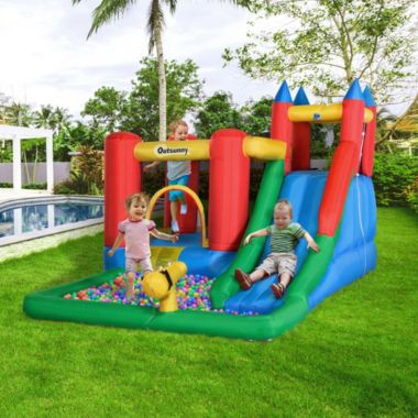 Outsunny Kids Inflatable Water Slide 6 in 1 Bounce House Jumping Castle Water Pool Gun Climbing Wall Basket with Air Blower for Summer Playland. View a larger version of this product image.
