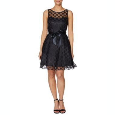 Betsey Johnson Girl's Belted Polka Dot Sleeveless Illusion Neckline Above the Knee Fit Flare Party Dress Black Size 0. View a larger version of this product image.