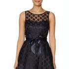 Alternate image 2 for Betsey Johnson Girl's Belted Polka Dot Sleeveless Illusion Neckline Above the Knee Fit Flare Party Dress Black Size 0
