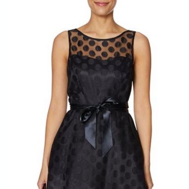 Betsey Johnson Girl's Belted Polka Dot Sleeveless Illusion Neckline Above the Knee Fit Flare Party Dress Black Size 0. View a larger version of this product image.