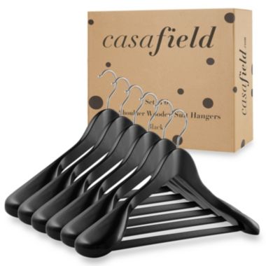 Casafield - 6 Wide Shoulder Wooden Suit Hangers - Premium Lotus Wood, Non-Slip Pant Bar & Chrome Swivel Hook for Dress Clothes, Coats, Jackets, Pants, Shirts, Skirts. View a larger version of this product image.