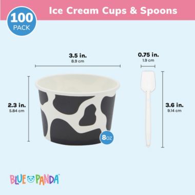 Blue Panda Cow Paper Ice Cream Cups with Spoons, Farm Birthday Party Supplies (8 oz, 100 Pack). View a larger version of this product image.