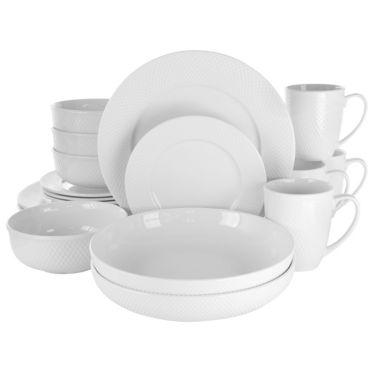 Elama Maisy 18 Piece Round Porcelain Dinnerware Set in White. View a larger version of this product image.