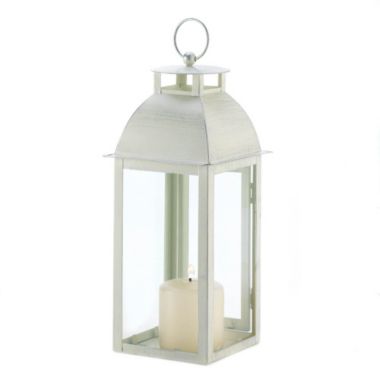 Zingz & Thingz 17" White Distressed Finish Candle Lantern with Handle. View a larger version of this product image.
