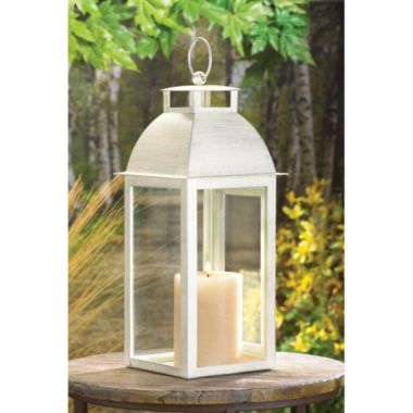 Zingz & Thingz 17" White Distressed Finish Candle Lantern with Handle. View a larger version of this product image.