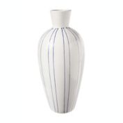 Urban Trends Collection Ceramic Round Vase with Trumpet Mouth, Blue Vertical Line Pattern and Tapered Bottom LG Gloss Finish White