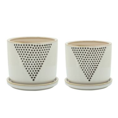 Kingston Living Set of 2 White and Black Triangle Dots Ceramic Planters with Saucer 6". View a larger version of this product image.
