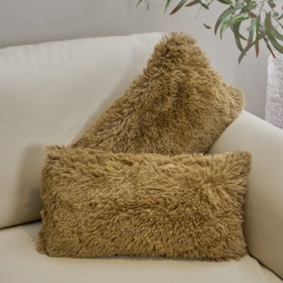 Cheer Collection  Shaggy Long Hair Throw Pillows - Super Soft and Plush Faux Fur Lumbar Accent Pillows - 12 x 20 - Set of 2 - Gold