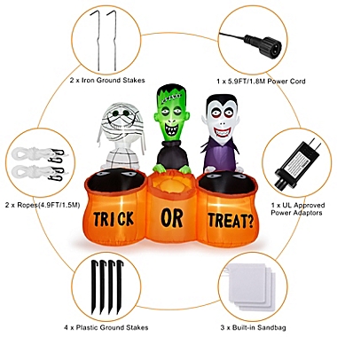 CAMULAND Halloween Inflatable Built-in LED Lights Blow Up Yard Decoration with Mummy, Vampire, Green-Faced Ghost and TRICK OR TREAT. View a larger version of this product image.