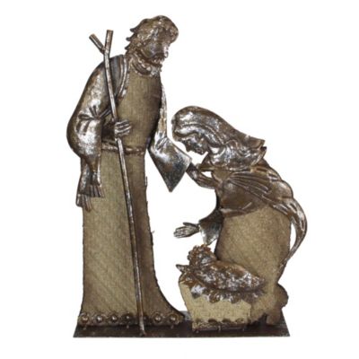 Melrose 17" Rustic Metal Holy Family Nativity Scene With A Burlap Design Christmas Table Top Decoration