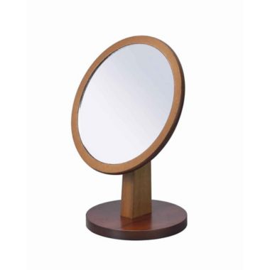 Slickblue Wooden Makeup Round Mirror with Pedestal Base, Brown and Silver. View a larger version of this product image.