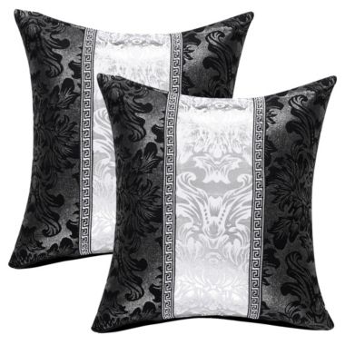 PiccoCasa Set of 2 Square Throw Pillow Cover Decoration Vintage Floral Printed Black Silver Contrast Cushion Covers Bolster Pillow Cases Shells for Couch Sofa, Black & Silver, 18"x18". View a larger version of this product image.