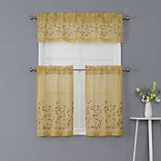 Kate Aurora Shabby Sheer Embroidered Complete 3 Piece Floral Rod Pocket Cafe Kitchen Curtain Tier & Valance Set - Golden Yellow