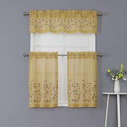Kate Aurora Shabby Sheer Embroidered Complete 3 Piece Floral Rod Pocket Cafe Kitchen Curtain Tier & Valance Set - Golden Yellow