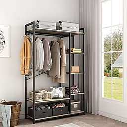 Yeah Depot JHX Free-Standing Closet Organizer with Storage Box & Side Hook, Portable Garment Rack with 6 Shelves and Hanging Rod, Black Metal Frame&Rustic Board Finish, Hanging Closet Shelves(Light Ivory).