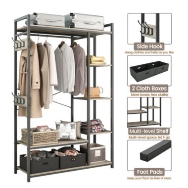 Yeah Depot JHX Free-Standing Closet Organizer with Storage Box & Side Hook, Portable Garment Rack with 6 Shelves and Hanging Rod, Black Metal Frame&Rustic Board Finish, Hanging Closet Shelves(Light Ivory).. View a larger version of this product image.