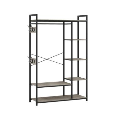 Yeah Depot JHX Free-Standing Closet Organizer with Storage Box & Side Hook, Portable Garment Rack with 6 Shelves and Hanging Rod, Black Metal Frame&Rustic Board Finish, Hanging Closet Shelves(Light Ivory).. View a larger version of this product image.