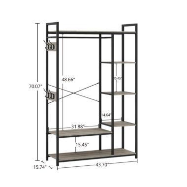 Yeah Depot JHX Free-Standing Closet Organizer with Storage Box & Side Hook, Portable Garment Rack with 6 Shelves and Hanging Rod, Black Metal Frame&Rustic Board Finish, Hanging Closet Shelves(Light Ivory).. View a larger version of this product image.