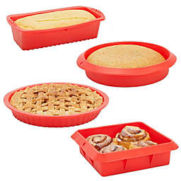 Juvale Red Silicone Bakeware 4 Piece Baking Set with Square Brownie Pan, Bread Loaf, Round Cake and Pie Pans (Nonstick)
