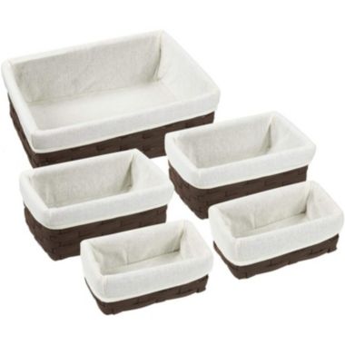 Juvale 5 Piece Brown Wicker Baskets with Cloth Lining for Storage, Lined Bins for Organizing Closet Shelves (3 Sizes). View a larger version of this product image.