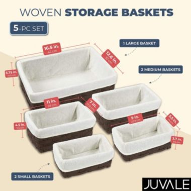 Juvale 5 Piece Brown Wicker Baskets with Cloth Lining for Storage, Lined Bins for Organizing Closet Shelves (3 Sizes). View a larger version of this product image.
