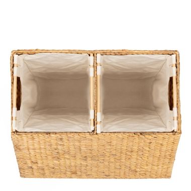 Slickblue Natural 2-Bin Handwoven Hyacinth Linen Liner Laundry Hamper with Handles. View a larger version of this product image.