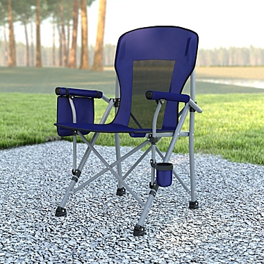 Emma and Oliver Portable Blue and Gray Heavy Duty High Back Folding Camping Chair with Padded Arms, Cup Holder and Extra Wide Carry Bag. View a larger version of this product image.
