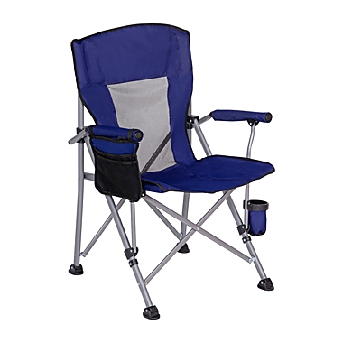 Emma and Oliver Portable Blue and Gray Heavy Duty High Back Folding Camping Chair with Padded Arms, Cup Holder and Extra Wide Carry Bag. View a larger version of this product image.