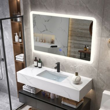 Hivago LED Wall-mounted Bathroom Rounded Arc Corner Mirror with Touch. View a larger version of this product image.