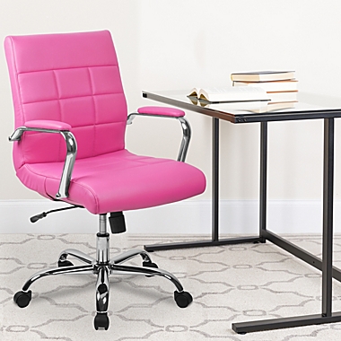 Emma + Oliver Mid-Back Pink Vinyl Executive Swivel Office Chair with Chrome Base and Arms. View a larger version of this product image.