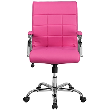 Emma + Oliver Mid-Back Pink Vinyl Executive Swivel Office Chair with Chrome Base and Arms. View a larger version of this product image.