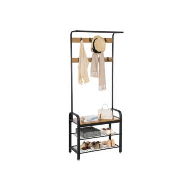 VASAGLE Coat Rack, Shoe Bench, Hall Tree with Storage Shelf for Entryway, Industrial Accent Furniture with Steel Frame, 3-in-1 Design, Easy Assembly, Honey Brown and Black. View a larger version of this product image.
