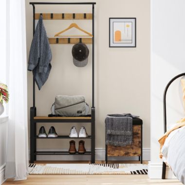 VASAGLE Coat Rack, Shoe Bench, Hall Tree with Storage Shelf for Entryway, Industrial Accent Furniture with Steel Frame, 3-in-1 Design, Easy Assembly, Honey Brown and Black. View a larger version of this product image.
