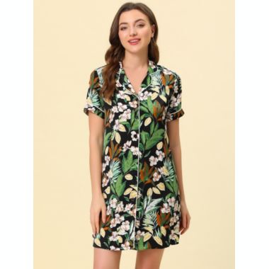 cheibear Womens Nightgown Pajama Satin Sleepshirts Button Down Floral Lounge Shirt Dress, Loungewear Sleepwear Sleepshirts Nightdress Regular Fit Gown Dress, L Black. View a larger version of this product image.
