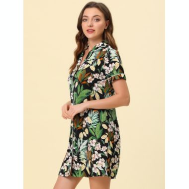 cheibear Womens Nightgown Pajama Satin Sleepshirts Button Down Floral Lounge Shirt Dress, Loungewear Sleepwear Sleepshirts Nightdress Regular Fit Gown Dress, L Black. View a larger version of this product image.