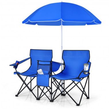 Costway Portable Folding Picnic Double Chair with Umbrella. View a larger version of this product image.