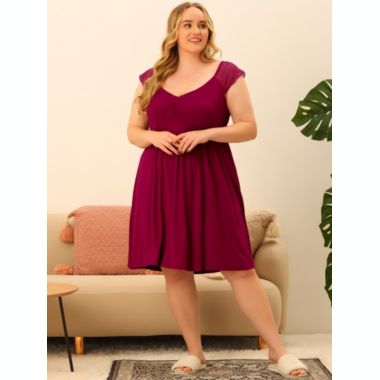 Agnes Orinda 2023 Sleep Dress for Women Plus Size Lace Cap Sleeve Sleep Dress V Neck Nightwear Loungewear 3X Burgundy. View a larger version of this product image.